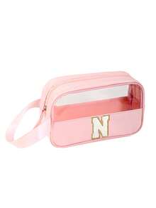 1PC Transparent PVC Toiletry Bag For Makeup Tools Letters Makeup Bag Water-Proof Portable Chenille Letter Zipper Make Up Organizer Minimalist Initial Letter Patch Travel Toiletry Bag For Women For Bathroom Monogram Wash Bag (Letter A~Z) Gift For Mom Beach Bag Beach Essentials Beach Towel Organizer Beach Accessories Beach Stuff Holiday Bag Holiday Essentials For Winter And Fall For Vacation Valentine's Day - Pink - Small - View 13