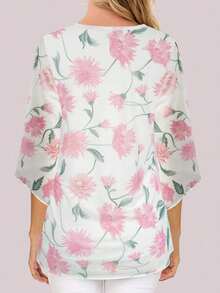 CheersLife Blusa holgada con volantes, cuello en V, doble capa de malla, con cinturón y mangas 3/4 para primavera y vacaciones - Beis - Ver 5