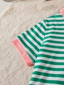 2pcs Girls Casual Striped Patchwork Collar Button Decor Short Sleeve Top And Solid Color Elastic Waist Pants Set, Summer - Pink - View 4