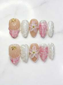 10片装甜美粉白3D立体雕刻贝壳海星美甲贴纸，亚克力美甲贴花，美甲配件，美甲用品 - 彩色 - 查看 4