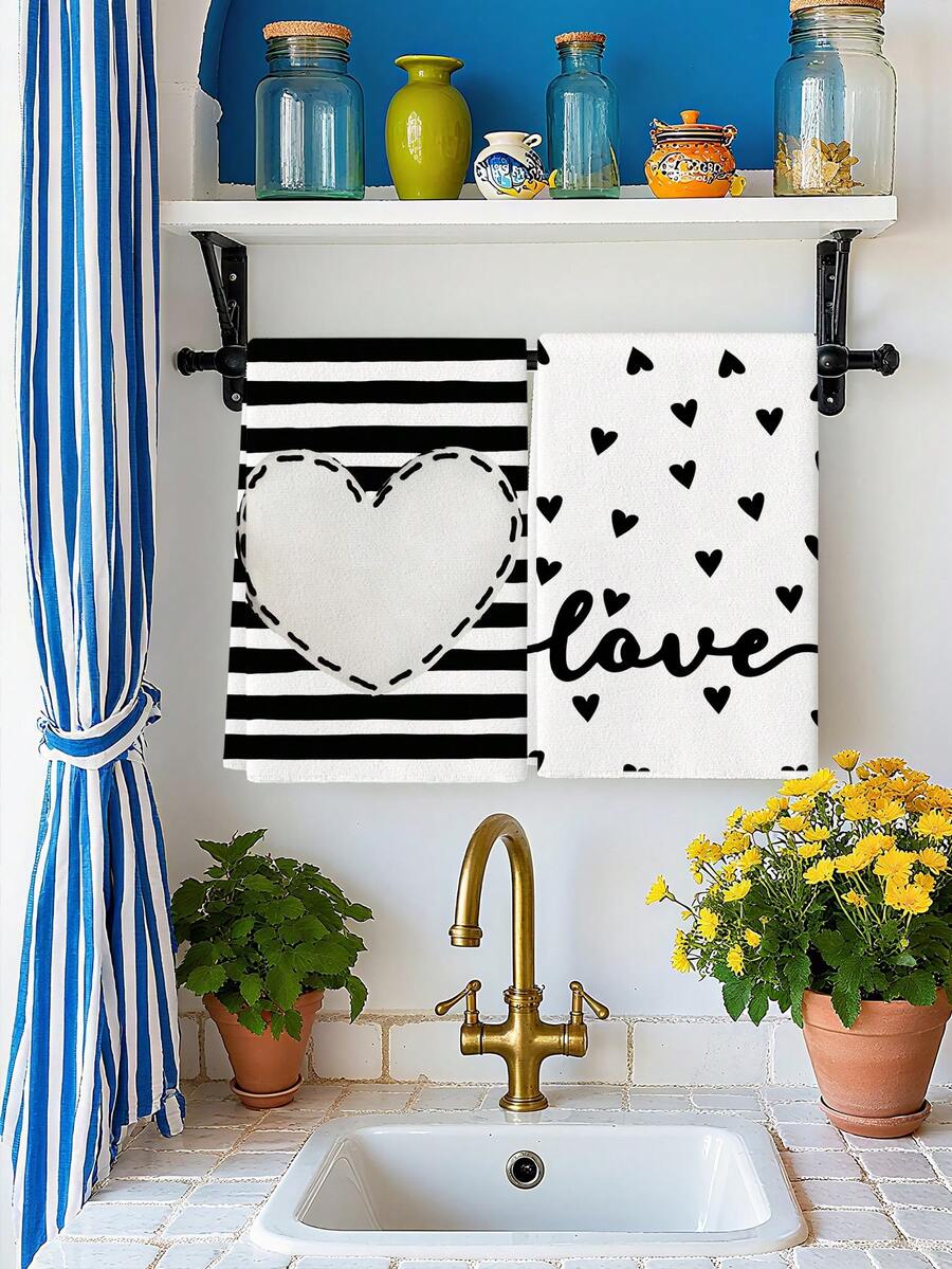 2Pcs Watercolor Gray Checkered Heart Black And White Cute Puppy Gift Box Pattern Farmhouse Farm Decoration Kitchen Towel Dishcloth Holiday Party Supplies Bathroom Hand Towel Suitable For Kitchen, Dining Room, And Dining Table - Black and White - View 1