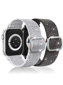 2 Packs Sparkly Stretchy Nylon Stretchy Band Compatible With Apple Watch 38/40/41/42/44/45/46/49mm, Shiny Elastic Nylon Straps Women Replacement Sport Solo Loop Wristband Compatible With IWatch Series Ultra/11/10/9/8/7/6/5/4/3/2/1 - Black - View 17