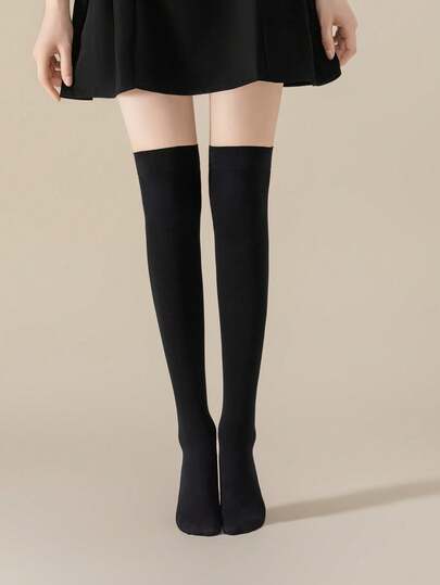1双纯色舒适过膝袜，轻薄透气，女士大腿袜，舒适保暖