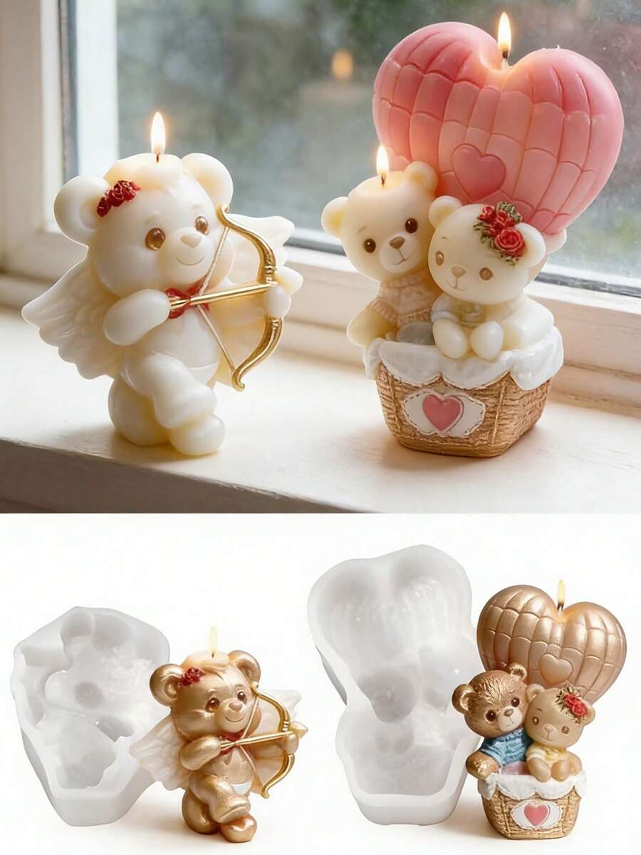 1pc Cupid Bear/Heart Shaped Silicone Candle Mold - Easy Demold, Suitable For Resin/Candle Making, Valentine's Day/Galentine's Day/Wedding/Graduation/Women's Day/Birthday Gift - White - View 1