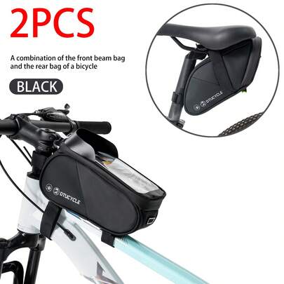 2pcs Bicycle Bags Set: 1pc Handlebar Bag With TPU Touchscreen, Sensitive Touch, Large Capacity; 1pc Rear Rack Bag With Hanging Taillight, Riding, Easy Installation, Convenient Carrying