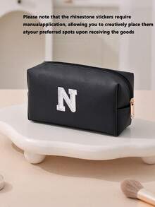 1pc Women's Octagonal Makeup Bag, Travel Organizer Bag, Bridal Makeup Bag, PU Letter Makeup Bag, Portable Chenille Letter Zipper Makeup Bag, Letter Patch PU Leather Waterproof Travel Toiletry Bag, Letter Combination Cosmetic Bag (Letter A~Z), Suitable For Autumn Home Decor - Black and White Lettering - View 32