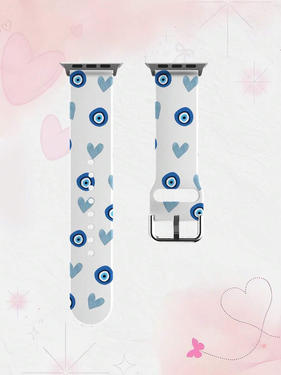1pc Soft Elastic Breathable Blue Heart Eyes Pattern Watch Band, Replacement Strap For Apple Watch 38mm 40mm 41mm 45mm 44mm 42mm 49mm, Fashionable Casual Multi-Color Silicone Watch Band Compatible With Apple Watch Ultra Series, S10/SE/9/8/7/6/5/4/3/2/1 Smartwatch - Multicolor - View 1