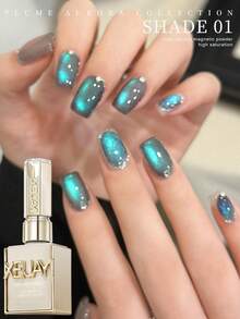 XEIJAYI 1pc 15ml PLUME AURORA COLLECTION Reflective Cat Eye Magnetic Gel Nail Polish, Semi-Permanent Salon UV LED DIY Nail Gel Nails - Màu xanh Bạc hà - Xem 4