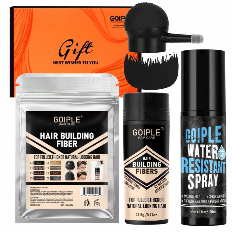Goiple 4-Piece Hair Fiber Powder And Waterproof Styling Spray Set, Waterproof Fiber Styling Spray Enhances Fiber Adhesion To Hair, Creates A More Waterproof Hairstyle, Set Includes 27.5g Hair Fiber, 120ml Waterproof Spray, Application Pump And Optimizer