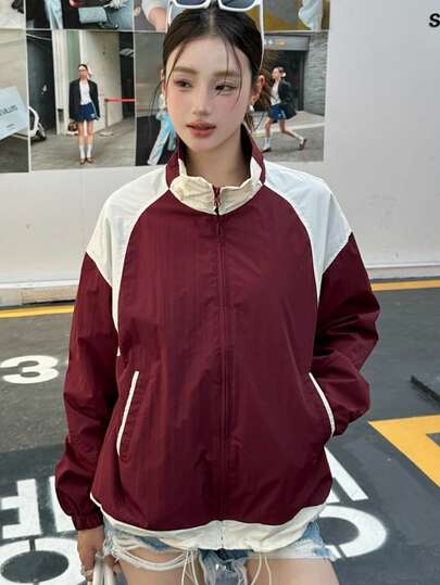 女士梭织外套，时尚撞色设计，有内衬，立领，拉链口袋，适合日常、度假、户外运动健身，百搭风格，秋季运动外套