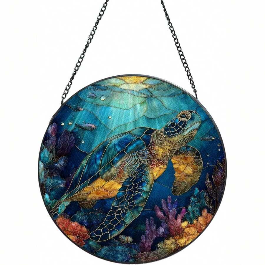 Sea Turtle Stained Glass Suncatcher, Ocean Blue Faux Stained Glass Window Hanging For Beach House, Coastal Decor Or Ocean Lover Gift, Xmas - 彩色 - 查看 1