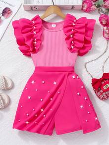 Tween Girls Summer Colorblock T-Shirt Set, Round Neck Ribbed Knit Top + Elastic Waist Shorts/ Skort 2-Piece, Pearl Decor, Flutter Sleeve Design, Sweet & Cute For Casual Outings - Hot Pink - View 2