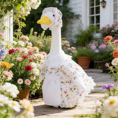 2 Pcs Porch Goose Party Costume Cute Flower Fruit Print Dress And Hat Set For Outdoor Patio Yard Lawn Art Decoration