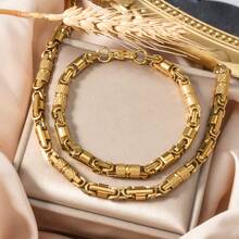 2pcs 18K Gold Plated Hip Hop Cuban Link Necklace And Bracelet Set, Mechanical Chain Connection, Stylish Rock/Rap Vibe, Suitable For Men And Women Everyday Or Party Wear