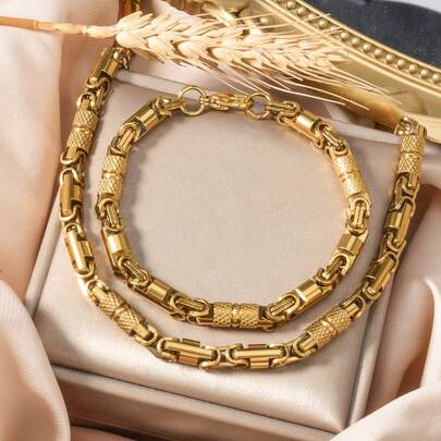 2pcs 18K Gold Plated Hip Hop Cuban Link Necklace And Bracelet Set, Mechanical Chain Connection, Stylish Rock/Rap Vibe, Suitable For Men And Women Everyday Or Party Wear