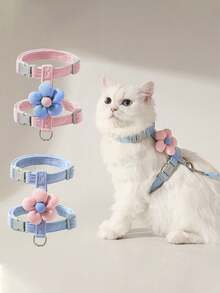 1件猫/狗胸背带，饰有可爱毛绒花朵，可调节大小，适合小型/中型宠物，可爱狗狗胸背带，幼犬胸背带，小型犬背心，适合女孩，易于控制的狗狗胸背带 - 彩色 - 查看 2