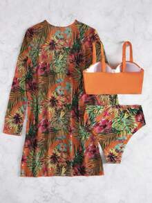 Women's Bikini Swimsuit Set + Kimono Beach Cover-Up, 3 Bikini Sets With Plant Print And Kimono For Summer At The Beach - trái cam - Xem 4