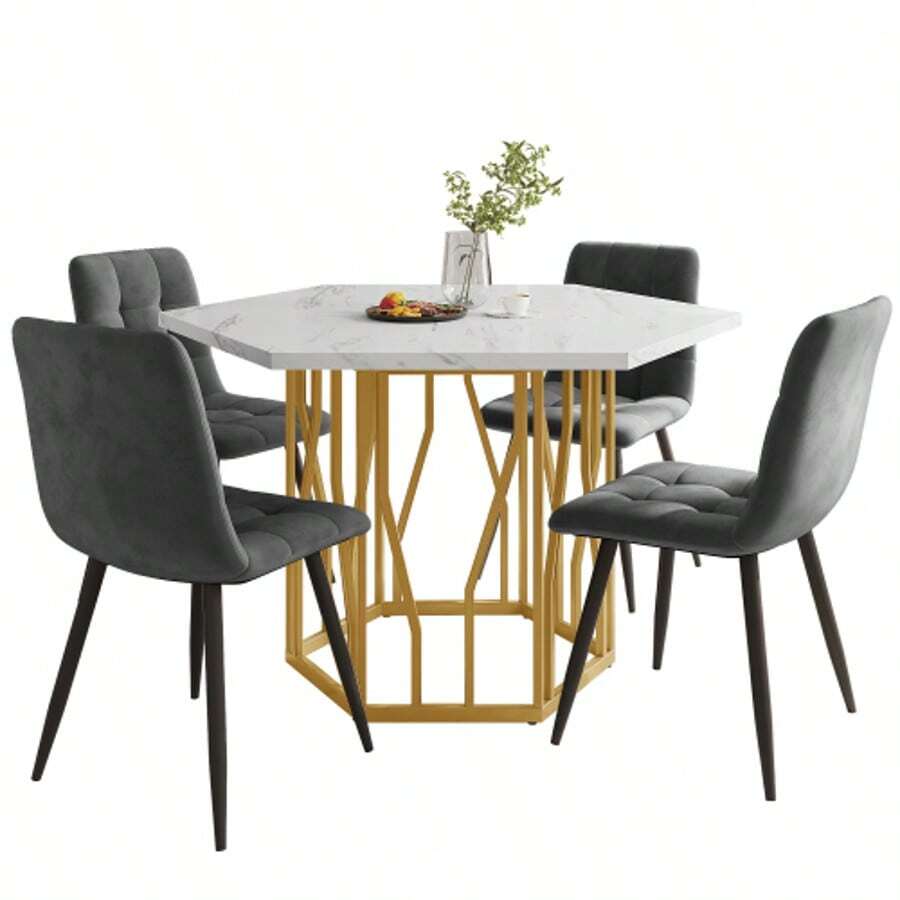 Conjunto de mesa y sillas de comedor (juego de 5 piezas), moderna mesa de comedor hexagonal de mármol + 4 sillas de comedor en terciopelo verde para crear un restaurante cálido y moderno. - Gris - Ver 1
