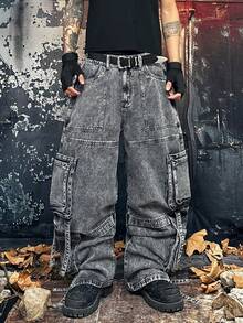1 pieza Jeans casuales sueltos con cordón y bolsillo, estilo vintage desgastado gris para hombre, estilo callejero, múltiples tallas (cinturón y accesorios no incluidos) - Gris - Ver 4