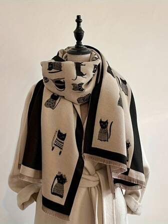 1pc Women's Faux Cashmere Cute Cartoon Cat Jacquard Scarf, Fashion Versatile Air Conditioning Shawl Outerwear, Thick Warm Long Scarf For Autumn/Winter