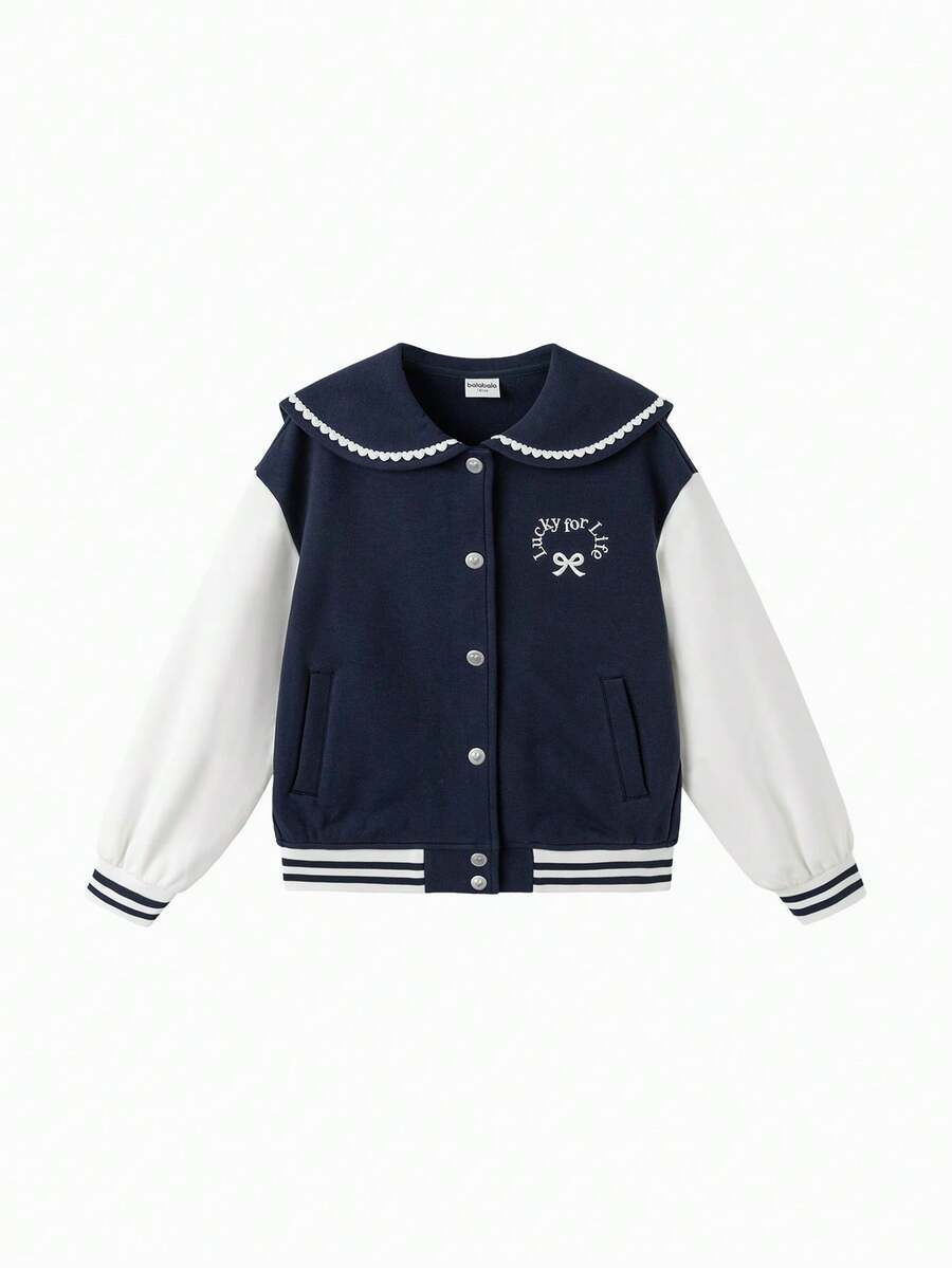 Balabala Girls' Light Purple Peter Pan Collar Knit - Cute Contrast Color Casual Jacket - Blue and White - View 1
