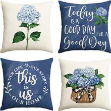 4PCS Blue Hydrangea Spring And Summer Throw Pillow Cover, Today Is A Beautiful Day Deep Blue Cushion Cover For Sofa(16in X 16in, 18in X 18in, 20in X 20in) - Blue - View 10