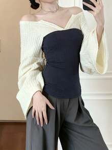 撞色罗纹刺绣V领插肩袖沙滩上衣 - 黑色 - 查看 8