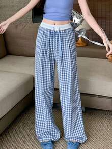 Pantalones de mujer Pantalones de cuadros para mujer con diseño de colores contrastantes, estilo relajado, corte recto, caída elegante, pantalones largos y sueltos, versión fina de pierna ancha - Azul - Ver 4