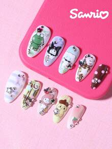 SANRIO 24片Y2K杏仁可爱3D酷洛米、美乐蒂和肉桂狗装饰法式美甲贴片，饰有爱心和水钻，抽象艺术风格，完美贴合亚克力假指甲套装，包含1支果冻胶和1个指甲锉，适合女性和女孩日常及派对使用。 - 彩色 - 查看 2