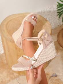 女士厚底坡跟鞋,草编绳厚底高跟鞋,休闲时尚复古简约轻便凉鞋,波西米亚海滩风,春夏款 - 杏色 - 查看 2