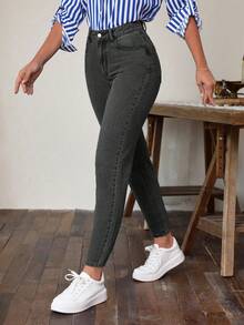 Jeans de mujer de tela vaquera elástica y ajustada, pantalones vaqueros de mujer de longitud completa, jeans casuales y elegantes, jeans casuales de mujer - Negro - Ver 2