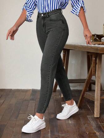 Dam skinny stretchjeans, hel denimbyxor, eleganta jeans, casual outfit för kvinnor