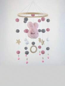 Rabbit Head & Pentagram Squinting Bamboo Wooden Wind Chime Bed Bell, Nursery Decor For Infants & Toddlers - Pink - View 4