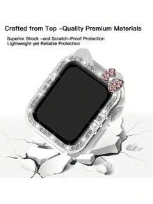 Sanrio 1pc Cartoon Pattern Silver Rhinestone Decorated Fashionable Charm Watch Case, Cute Cat Ear Anti-Fall 2-In-1 Ultra-Thin Tempered Glass Screen Protector, Suitable For Apple Watch 40/41/42/44/45/46mm Case SE/11/10/9/8/7/6/5/4 Series, Smart Watch Case Accessory