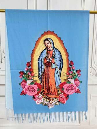 1pc Women's Virgin Mary Inspired Faux Cashmere Scarf, Warm Winter Fringe Shawl Wrap, Casual Versatile Accessory Suitable For Robes, Prayer Hijabs