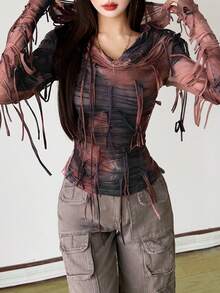 Top Dazzle 女士纯色修身街头风连帽长袖上衣 - 棕色 - 查看 7