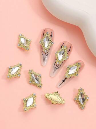10pcs Y2K Shiny Diamond Shaped Rhinestone Alloy Nail Jewelry, Suitable For Long Fake Nails, Luxury Decorative Gems, DIY Nail Art Supplies