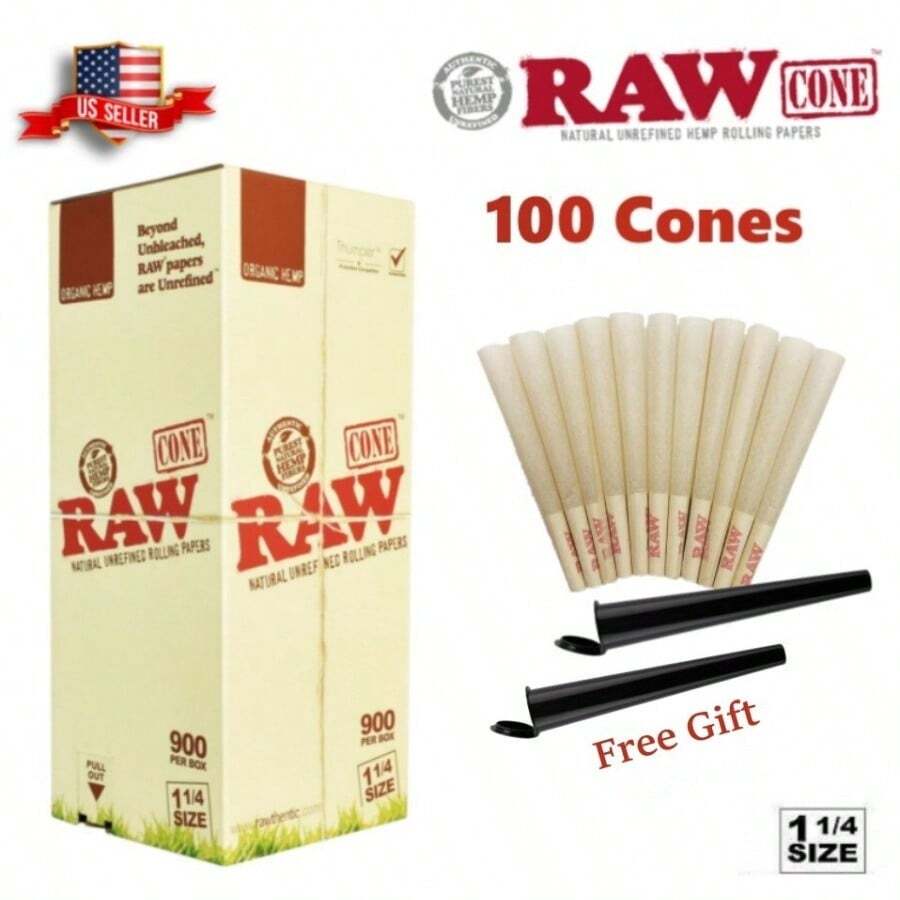 Authentic RAW Organic 1 1/4 Size Pre-Rolled Cones 100 Pack Andamp; 2 Tubes - 如圖所示 - 查看 1