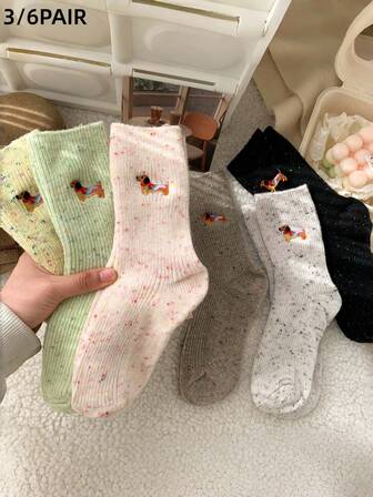 3/6 par damstrumpor med prickig stickning till mitten av vaden och broderi för tidig vår, vardagskläder