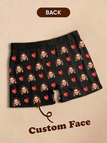 Customized Photo Print Men's Briefs, Personalized Heart Design, Suitable As A Personalized Gift, Funny Customized Style, Boxer Briefs, Customizable Item, Suitable For Daily Wear And Gift-Giving, Also Can Be Given As A Valentine's Day Or Birthday Gift To Boyfriend - Black - View 3