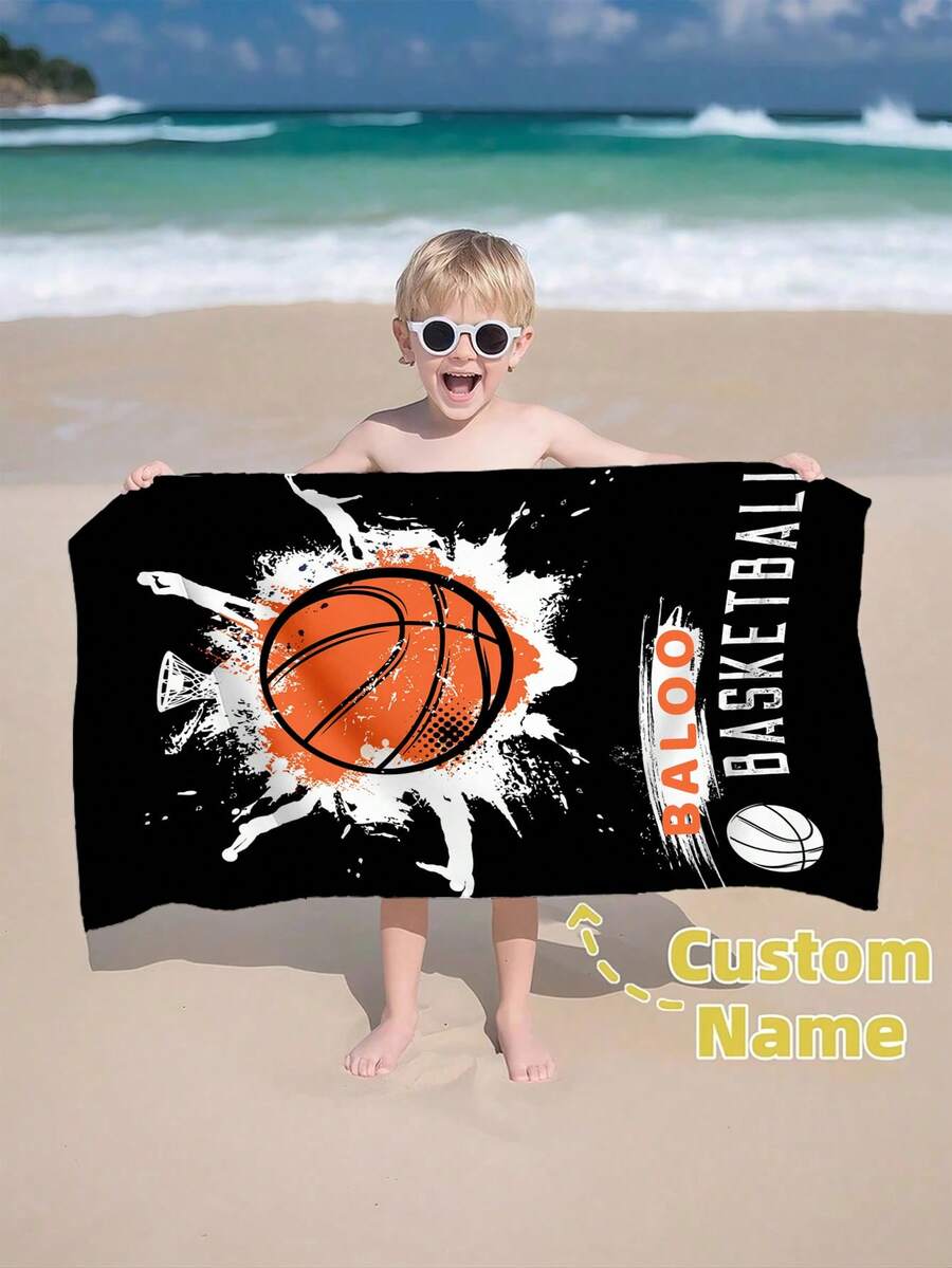 1PC Customized Basketball Beach Towel, Personalized Beach Towel, Children'S Beach Towel, Polyester Material, Digital Printing, Children'S Bathroom, Beach, Youth Fashion, Modern Basketball, Black - Multicolor - View 1