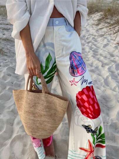 女士超大春夏时尚度假休闲度假风格梦幻海洋元素独特印花腰袋阔腿裤早午餐装