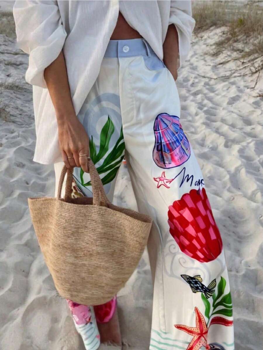 女士超大春夏时尚度假休闲度假风格梦幻海洋元素独特印花腰袋阔腿裤早午餐装 - 彩色 - 查看 1