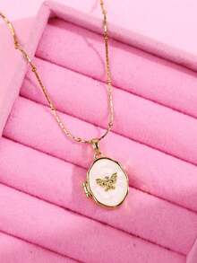Retro Romantic Gold-Color Asymmetric Photo Box Necklace Colorful Oil-Dipped Heart Shell Necklace Daily Elegant Layered Jewelry For Women, Picture Locket Photo Necklace (No Box) - Multicolor - View 30