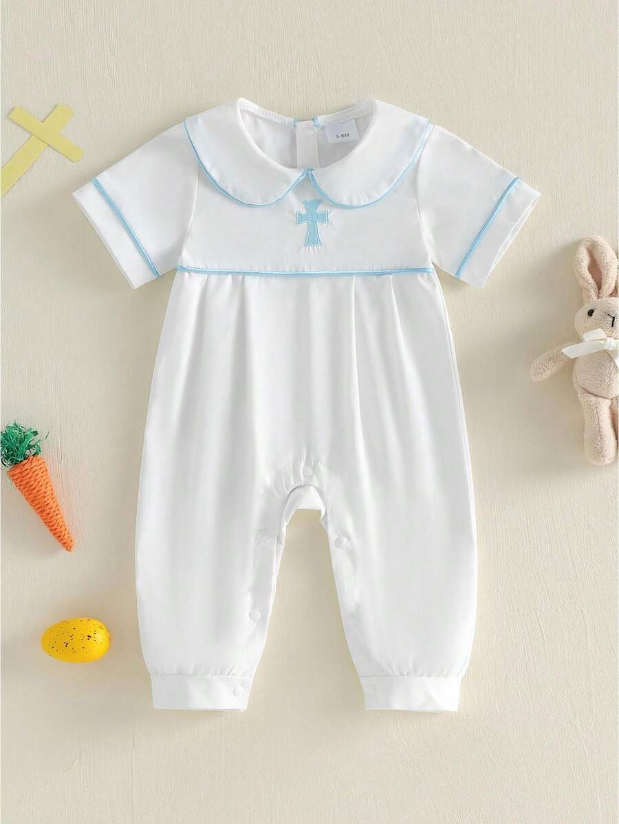 Infant Baby Boy Girl Easter Jumpsuit Blue Trim Cross Embroidery Short Sleeve Peter Pan Collar Romper Newborn Cute One Piece Bodysuit - 白色 - 查看 1