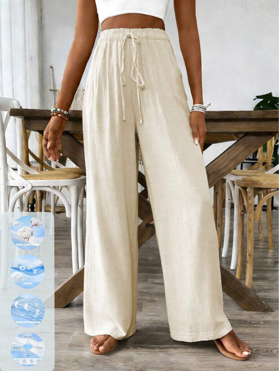 Women's Casual Drawstring Waist Straight Leg Pants With Side Pockets, Simple Elegant Style Suitable For Daily, Commuting Summer - Apricot - View 1