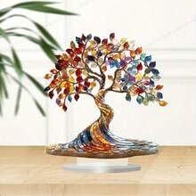 1件2D平面亚克力波西米亚风生命之树桌面摆件，带蝴蝶装饰 - 适用于家居、办公室或咖啡厅展示 - 彩色 - 查看 3