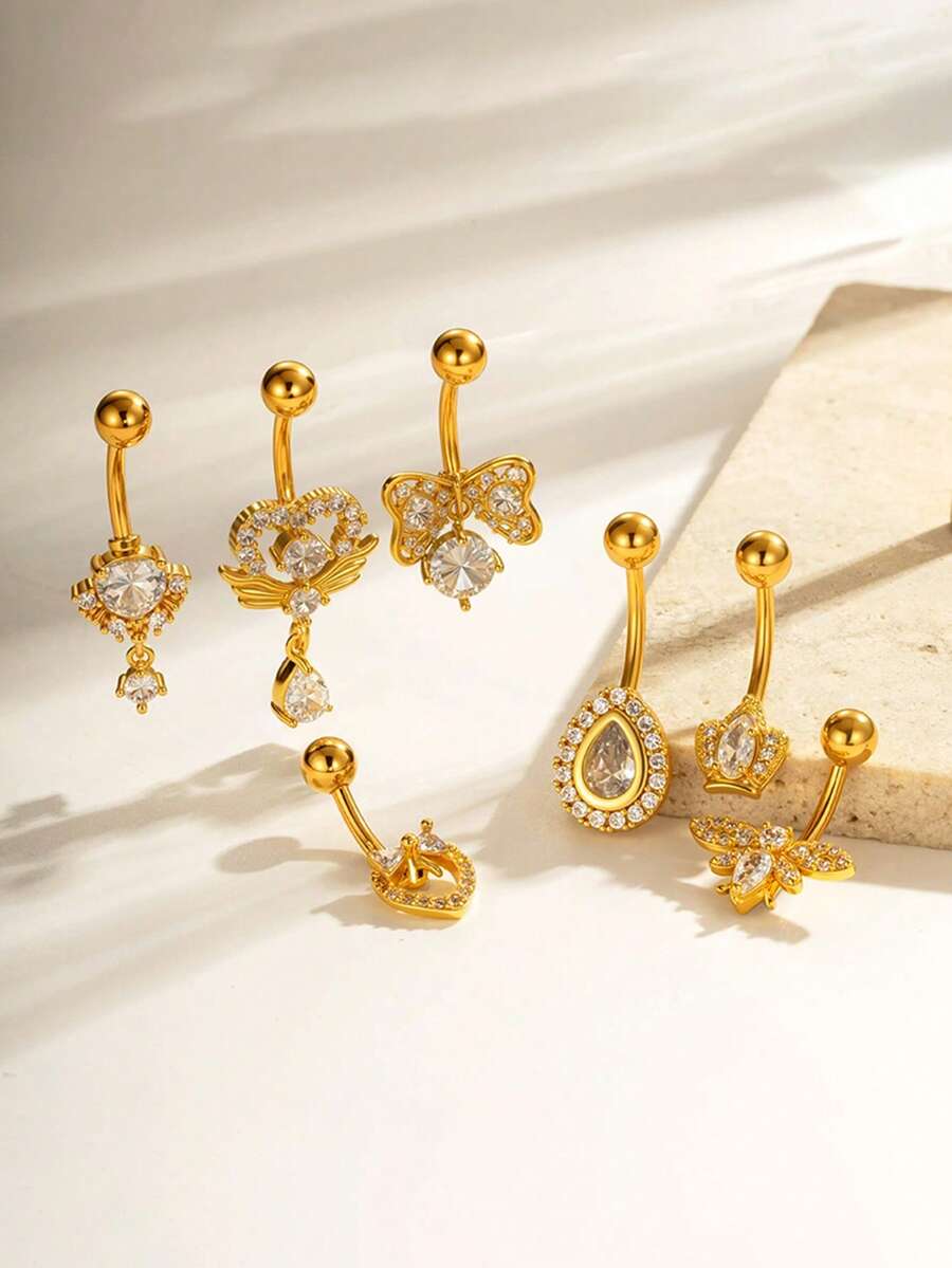 1pc Elegant Copper Zirconia Heart & Wing Shaped Belly Button Ring, Stainless Steel Bar Body Piercing Jewelry