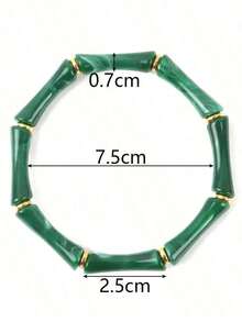 1 Set Of 3pcs Adjustable Beaded Bracelets Stack, Lightweight Acrylic Marble Texture & Olive Green Bamboo Beads Boho Minimalist Stretch Bracelet Set, Daily Wear Cuff Bangle Stackable Jewelry Gift For Women Teens, Perfect For Summer Holiday Casual Outfit Christmas Birthday Party - 綠色 - 查看 4