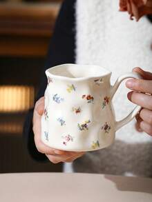 1pc Floral Ceramic Coffee Mug, Vintage Chic Ceramic Cup, Mug, Water Cup, Afternoon Tea Cup, Red Tea Cup, Asymmetrical Breakfast Milk Cup, Juice Cup, Gift Mug - Multicolor - View 3